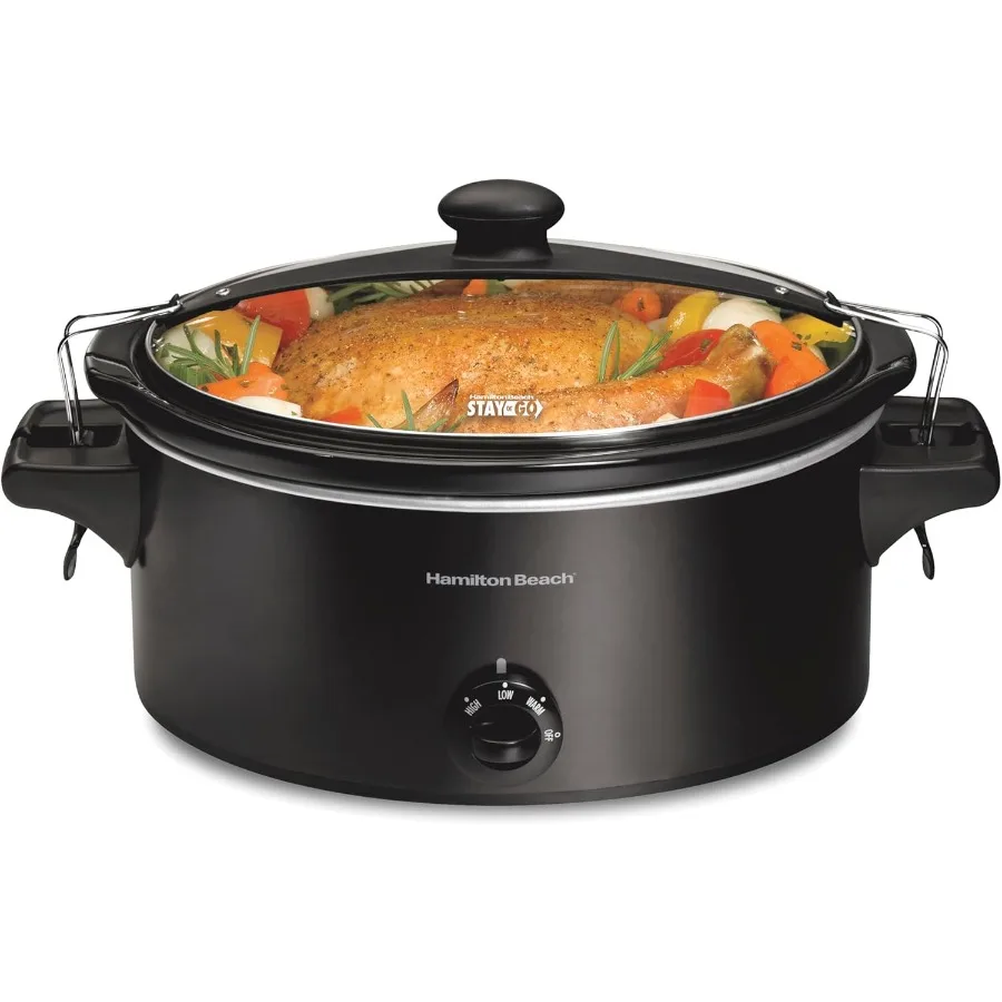 

Stay or Go Portable Slow Cooker with Lid Lock Dishwasher-Safe Crock 6-Quart Black 33261 Ideal for Home Office Travel and Outdoo