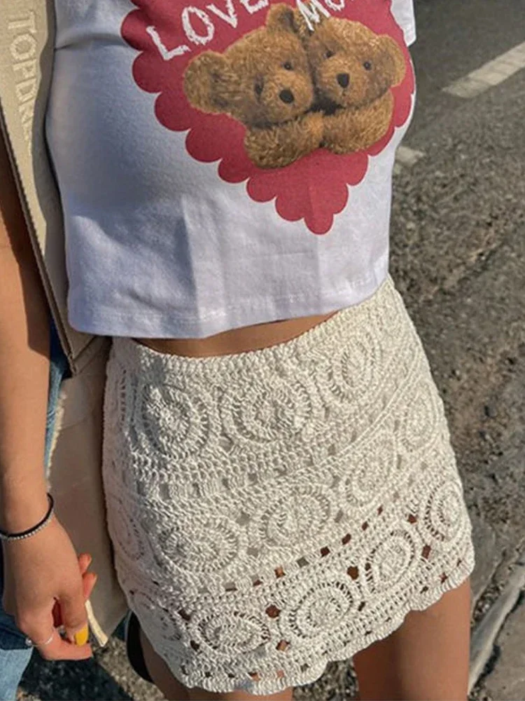 White Sexy Hollow Out Crochet Mini Skirt Women Chic High Waisted Hip Wrapped Short Dresses Summer Casual Lady Street Beach Wear