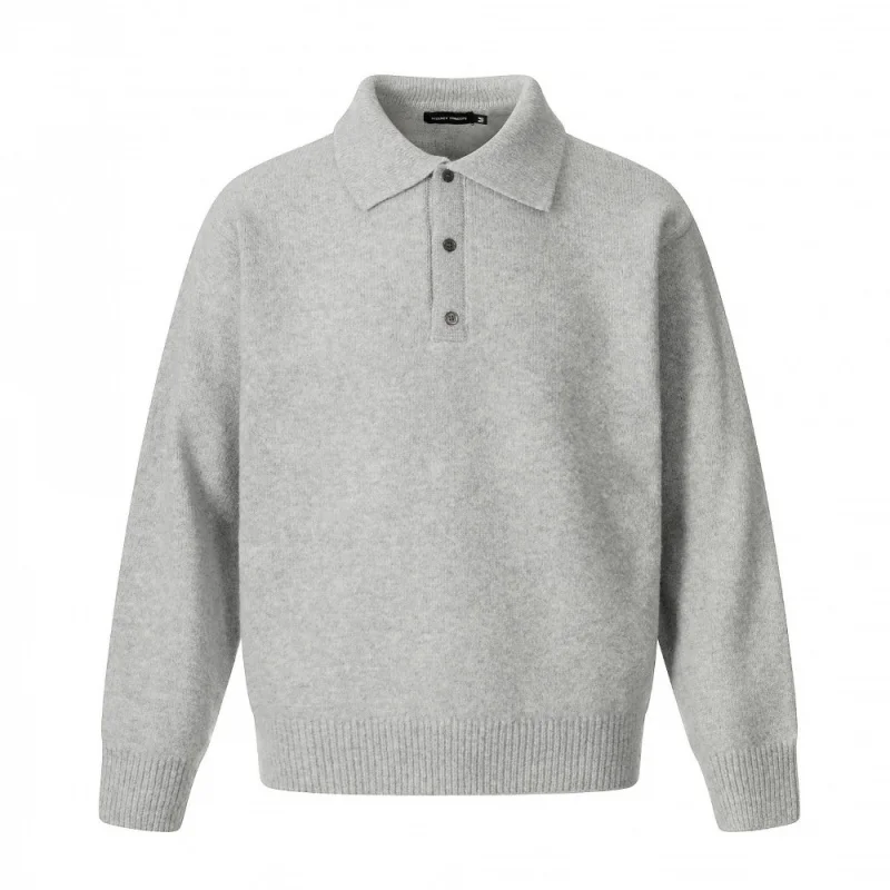 Men's Gray Polo Collar Sweater, 2025 Autumn New Soft Knitted Button-Down Casual Office Wear Top