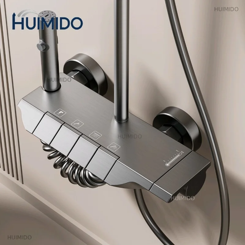 Gunmetal Gray Aluminum Shower System Set Multifunctional Household Hot and Cold Water Piano Keys Bathroom Pressurize Shower Set
