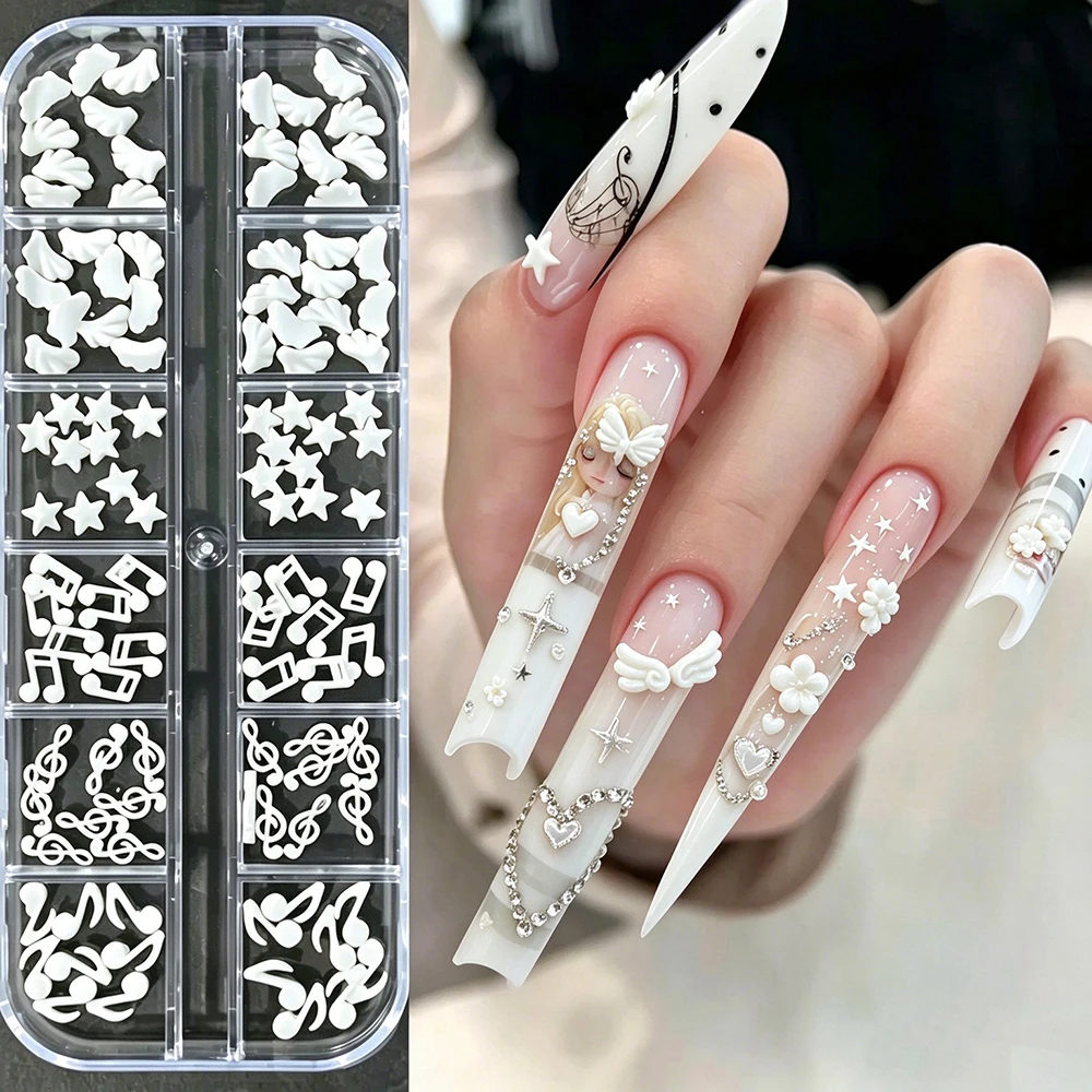 12Grids White Mini Y2K Wing Star 3D Nail Charms Retro Music Note Angel Wings Kawaii Nail Decoration Japanese Style Nail Supplies