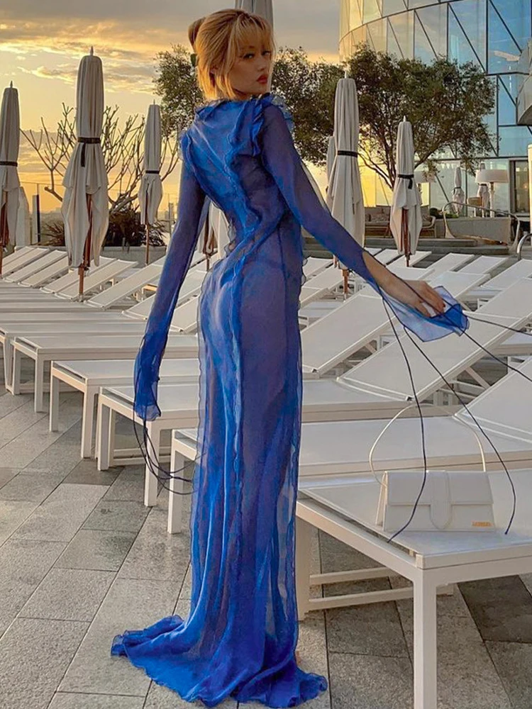 2024 Summer women's Mesh Sheer Holiday Beach Club Sexy Maxi Dress Tie V Neck fessura Maxi abiti abito a maniche lunghe da donna blu