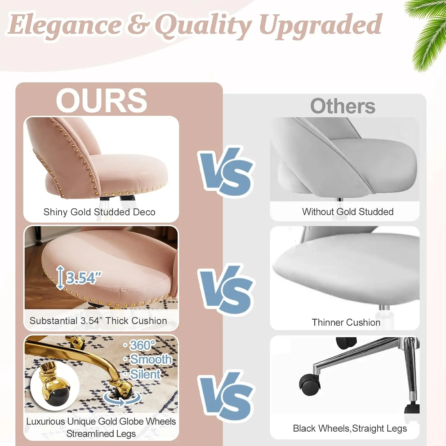 Modern Velvet Small Office Chair,Cute Desk Chair with Wheels,Gold Base/Studs, Comfy Armless Swivel Vanity Task Chair for Women