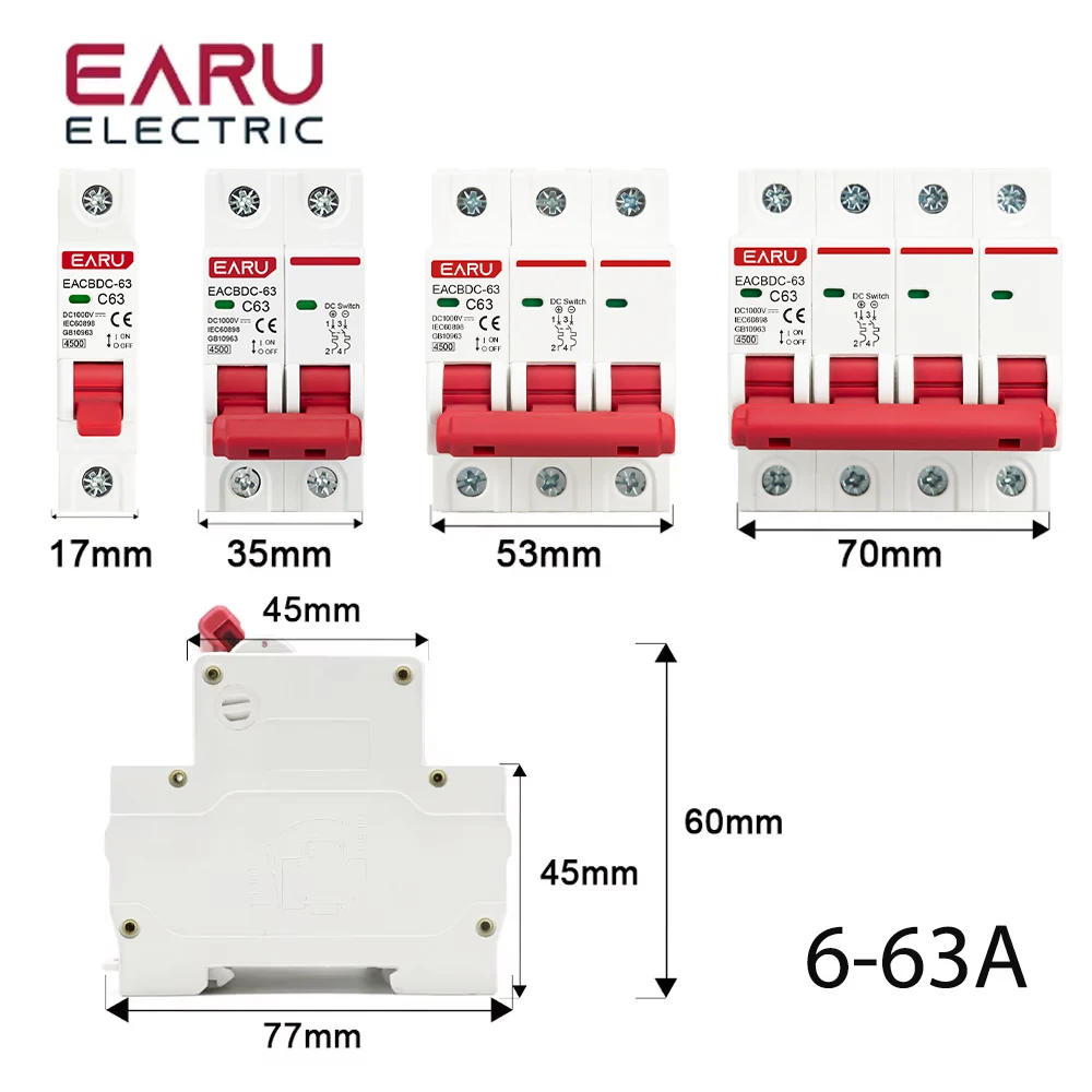 DC 1000V 1P 2P 3P 4P Solar Mini Circuit Breaker Overload Protection Switch6A~63A/80A 100A 125A MCB for Photovoltaic PV System