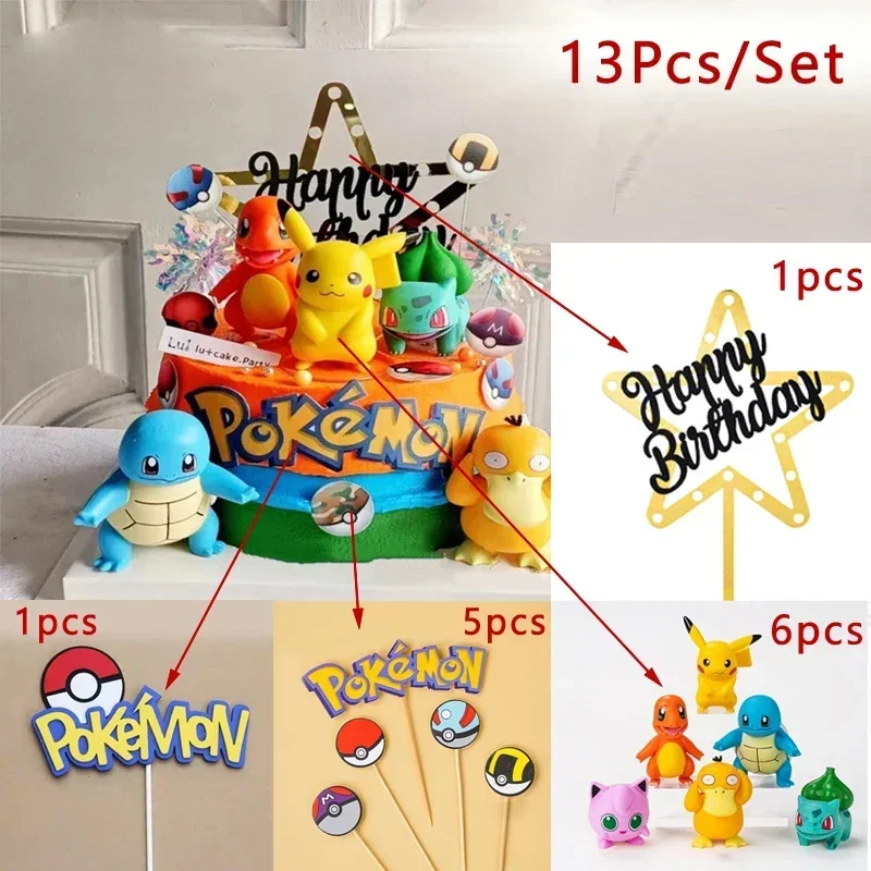 13Pcs Pikachu Pokemon Cake Topper Anime Figure Party Happy Birthday Pokemon Cake Decoration Supplies Ornaments Boy Kids Gift
