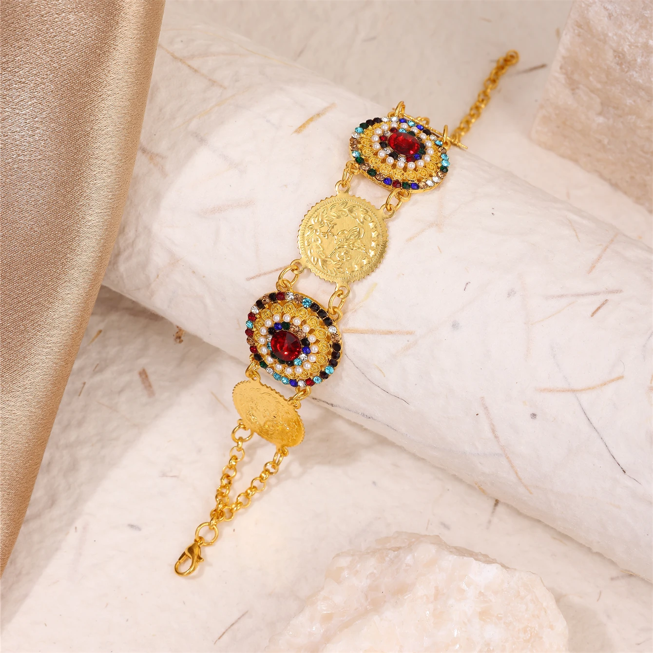 Moroccan Zinc Alloy Jewelry Ladies Side Open Women'S Coin Bracelet Set Austrian Crystal Jewelry Bridal Party Bracelet