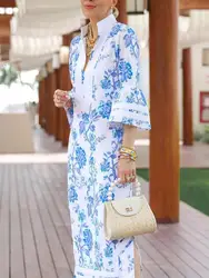 Fashion Summer Elegant Floral Printed Split-Side Evening Dresses 2025 Vintage Flared Sleeves Loose Deep V-Neck Dress For Women