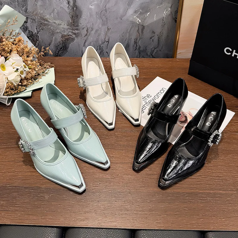 Spring 2025 Retro Knot Front Flat Heel Mary Jane Women's Shoes Pointed Toe Versatile Slip-On Fashionable Leather Footwear