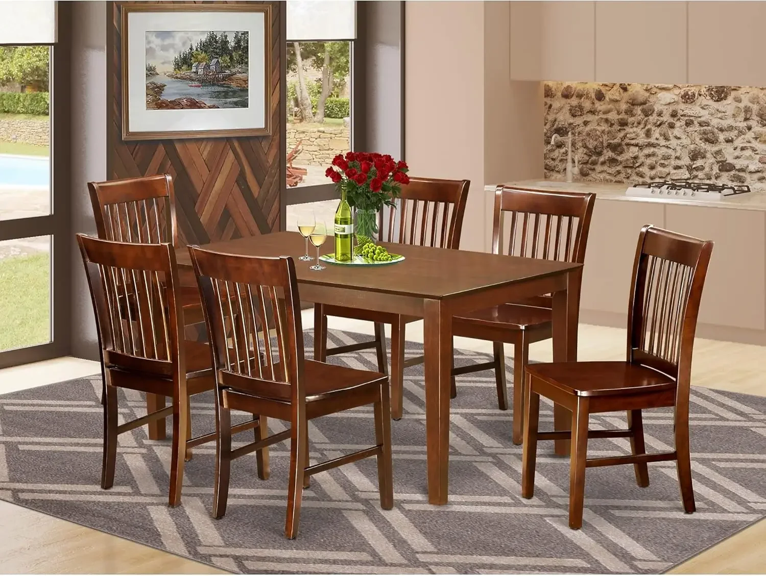 7 Piece Set Consist of a Rectangle Dinner Table and 6 Kitchen Dining Chairs, 36x60 Inch