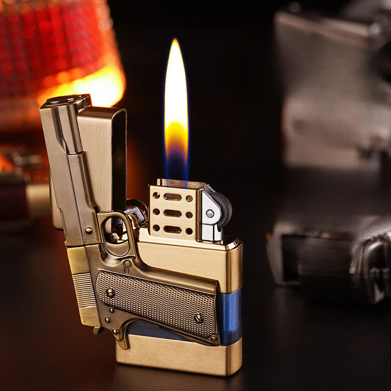 Portable Gun Shape Kerosene Lighter Square Head Personalized Retro Creativity Old-fashioned Grinding Wheel Windproof Lighter image 2