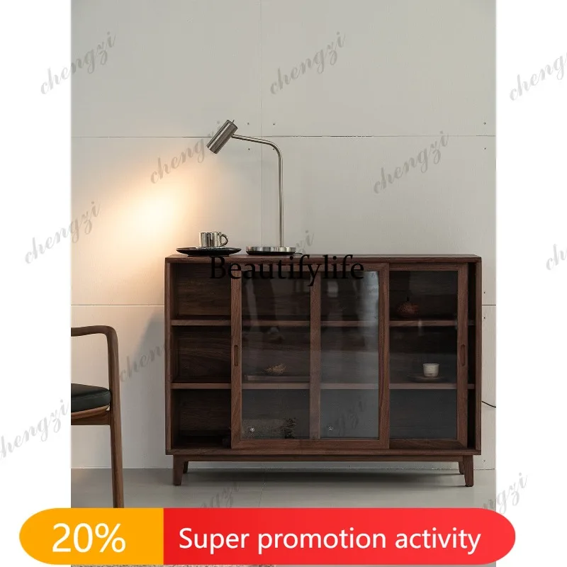 D132 Straight edge short cabinet dining side cabinet living room large capacity storage display cabinet pure wood black