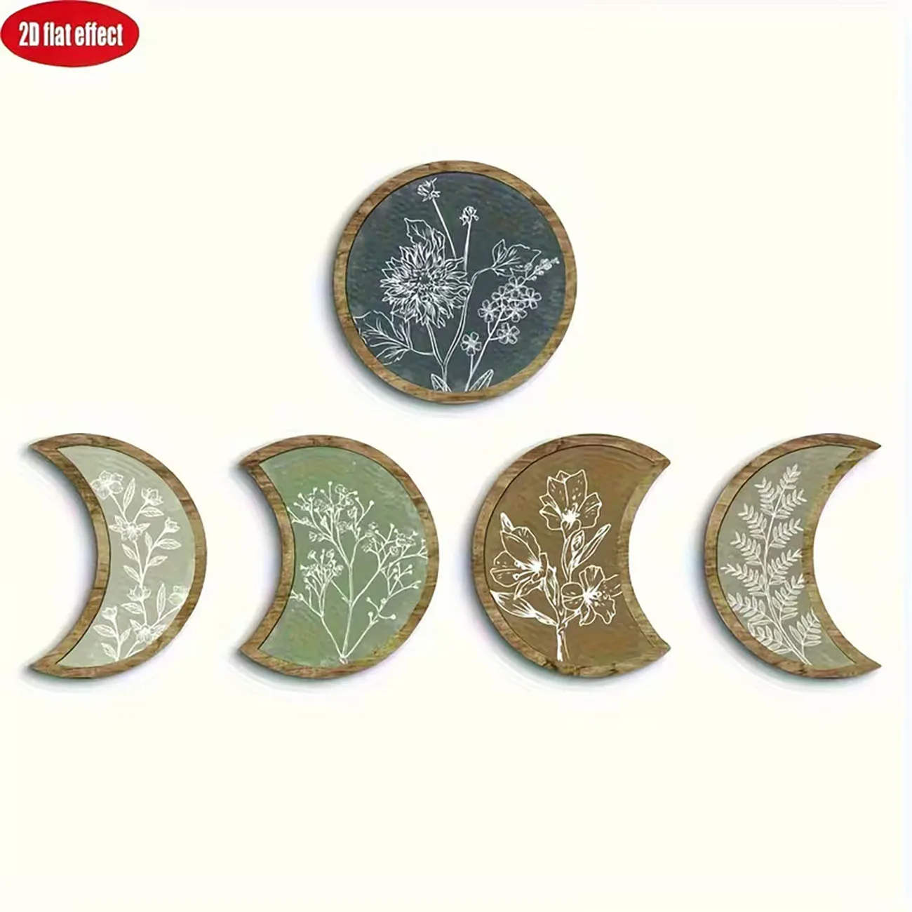 5PCS Boho Moon Phase Wall Decor, Botanical Floral Moon Wood Art with Nano Tape