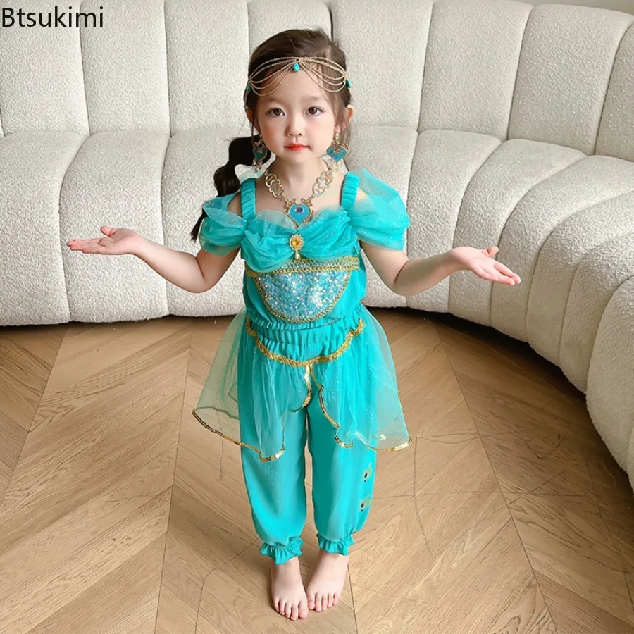 Jasmine Princess Sets Girls Cartoon Role Playing Costume Children Arab Princess Stage Pagent Photography Clothes Luxury Outfits