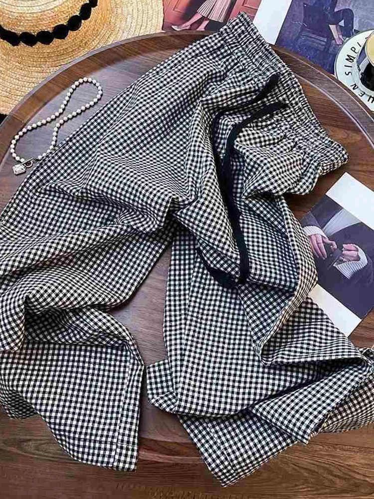 Zoki カジュアル甘いチェック柄パンツ女性ハイウエストルーズヴィンテージ韓国ワイドレッグパンツ夏シンプルなレトロ女性すべて一致パンツ