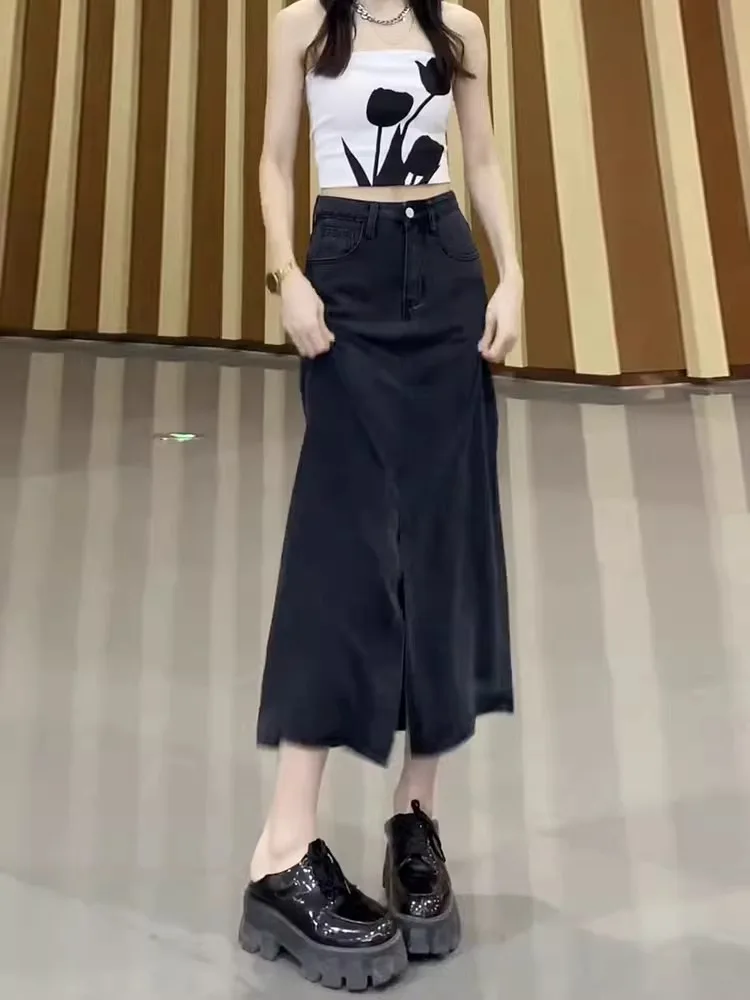 تنورة نسائية عالية الخصر من قماش الدنيم الحريري غير متناظرة تنورة نسائية رفيعة متوسطة الطول ملفوفة حول الحرير الجليدي على شكل حرف a تنورة كورية Sle للتنقل