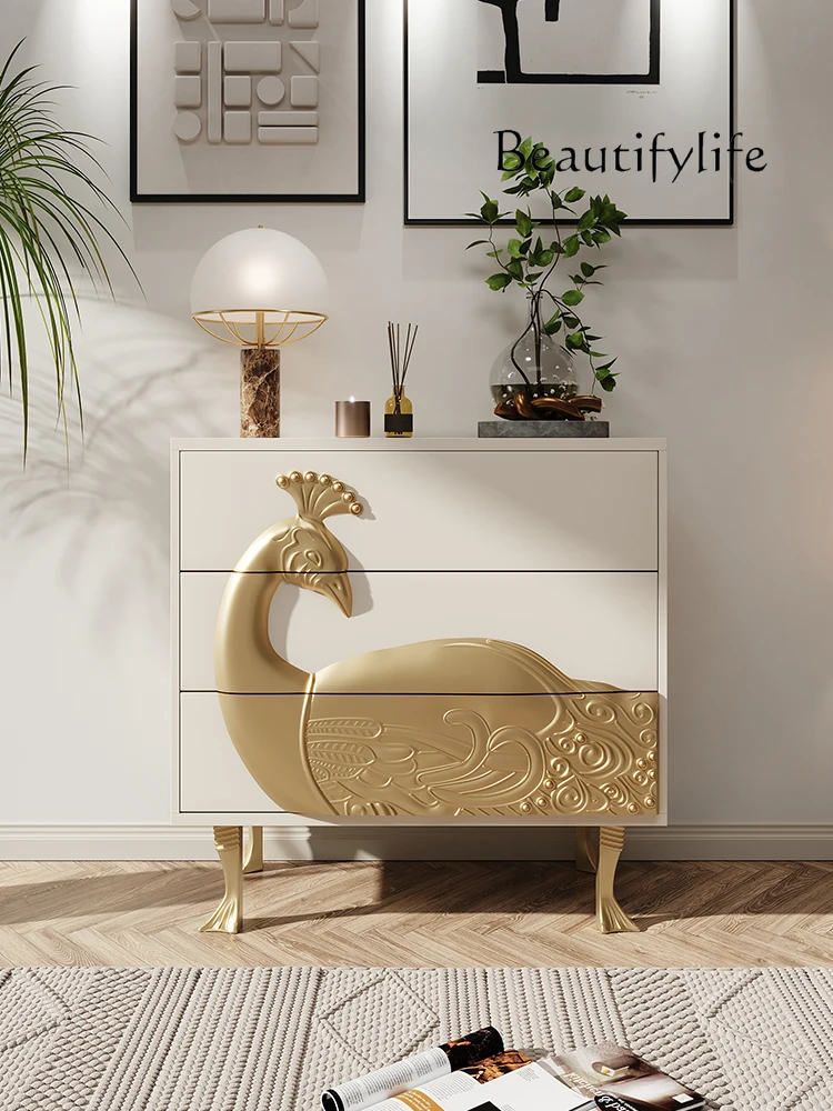 French Entry Lux Solid Wood Three-Bucket Sideboard Cabinet Bedroom Cream Style High-Grade Art Decoration Storage Cabinet