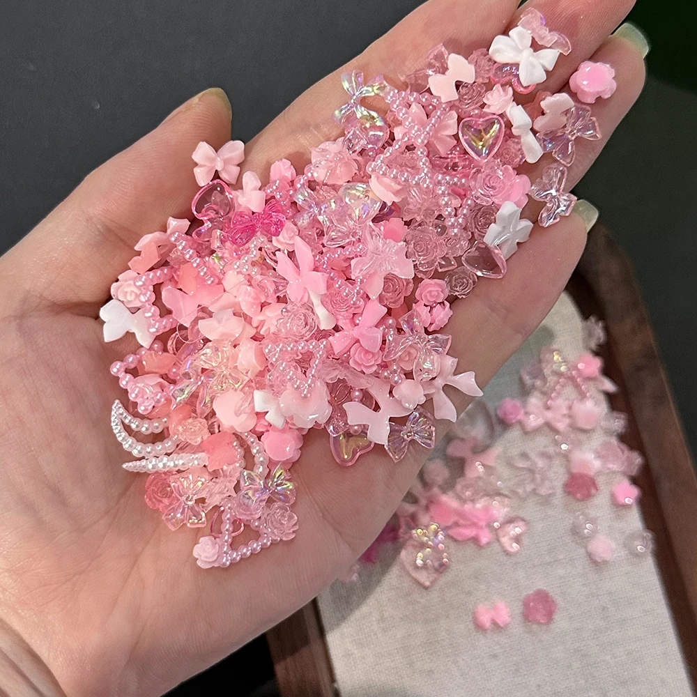 50개 3D 레진 믹스 보우 하트 펄 네일 참 핑크 미니 귀여운 오로라 리본 로즈 문 네일 라인스톤 DIY 네일 아트 데코레이션