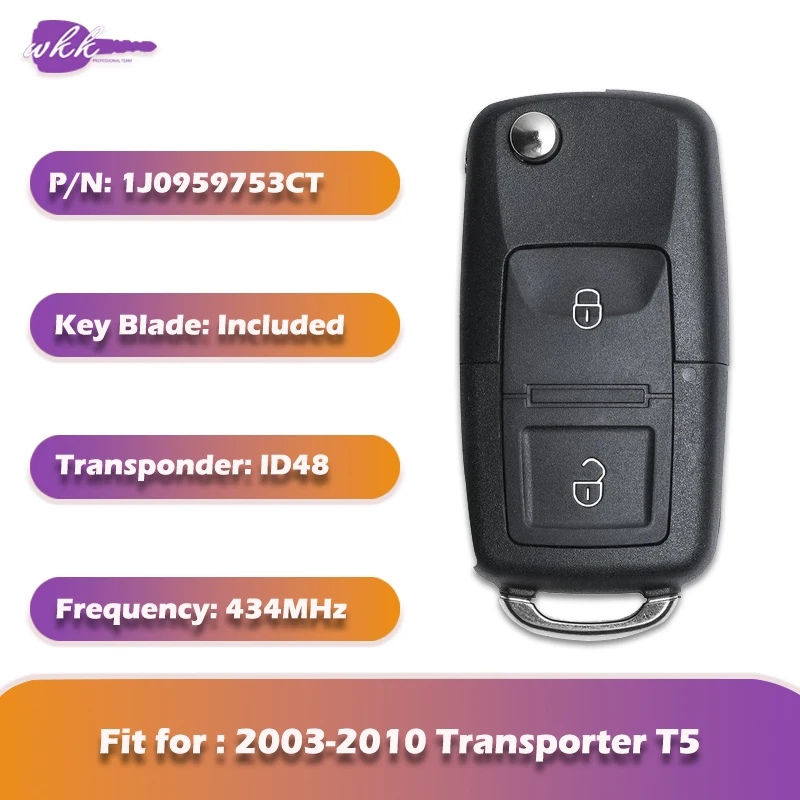 WKK Remote Control Key 1J0959753CT with ID48 434MHz Flip Remote Key 2Btn Smart Key for VW Volkswagen Bora Polo Golf Seat Skoda