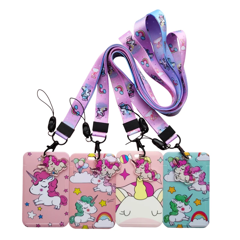 Cartoon Women Unicorn ID Credit Bank Card Holder Students Bus Card Case Lanyard Child Visit Door Identity Badge Cards Cover