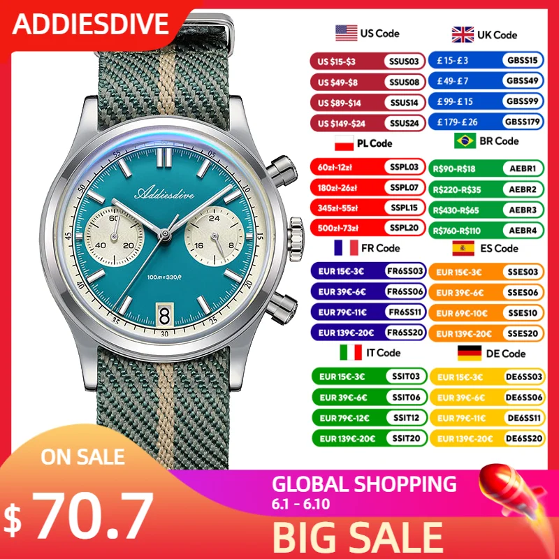 

ADDIESDIVE New Men Watch VK64 Quartz Wristwatch Chronograph 38mm Domed Glass 316L Stainless Steel 100m Waterproof Luminous