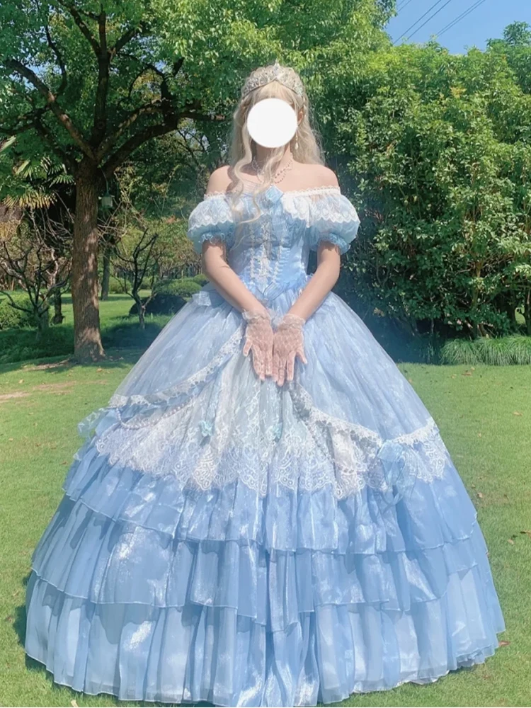 Blaues Feen-Maxikleid für den Sommer, schmal geschnitten, elegantes, schweres Blumen-Hochzeitskleid für Mädchen, süßes, schulterfreies Lolita-Prinzessinnenkleid