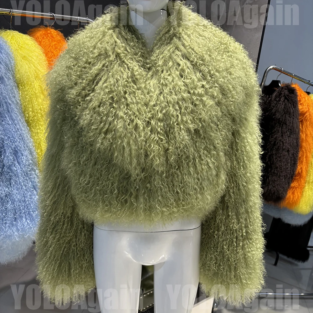 YOLOAgain 2025 Autumn Winter Warm Turn-Down Collar Real Mongolia Sheep Fur Jacket Coat Women Short Black Sheep Fur Jacket Female
