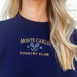 Monte Carlo Country Club Embroidered Sweatshirts Women Autumn Long Sleeve Loose Thick Fleece Pullover Vintage Style Jumper