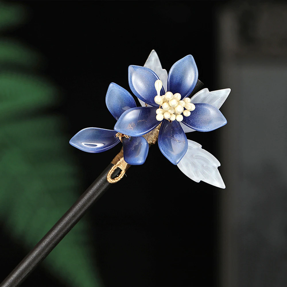 Vintage Hair Sticks Black Ebonized Wood Blue Flower Chinese Hanfu Hair Accessories For Women 2022 New Ancient Hairpins Jewelry