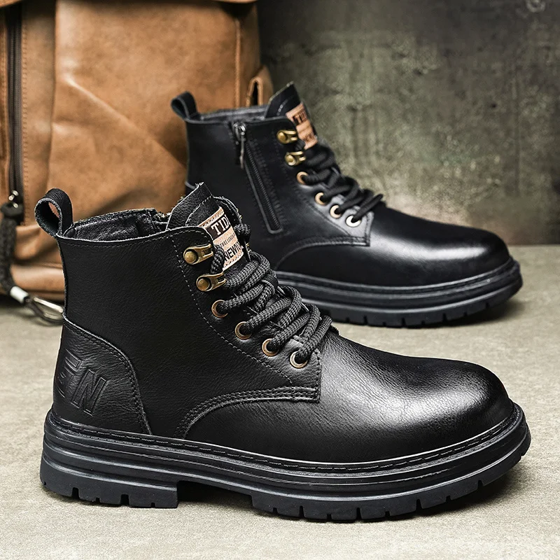 

New Black Leather Boots for Men Outdoor Bikers Boots for Motorcycle High top Casual Boots Man Work Shoes botas de hombre