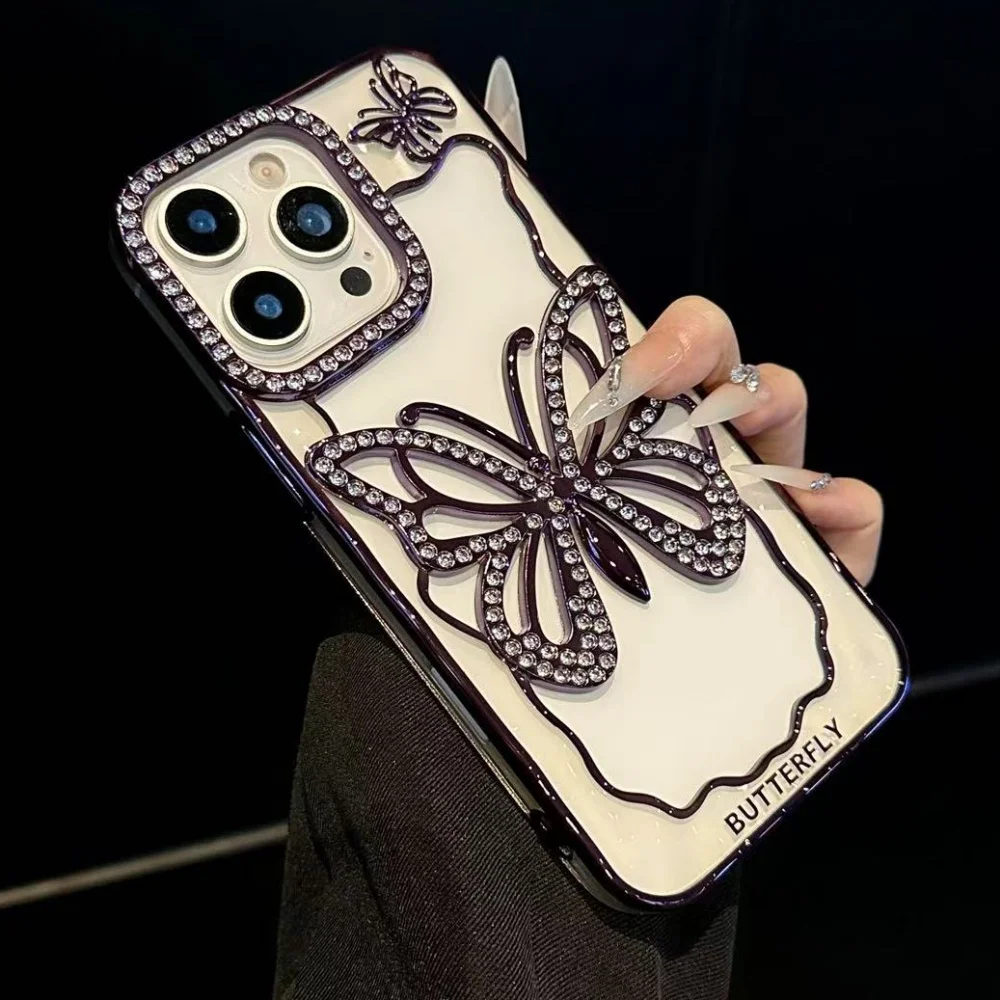 Transparent Butterfly Full Diamond Case for iPhone 17 Air 16 15 14 13 12 Pro Max Plus 17Pro Shiny Rhinestone Aesthetic Cover