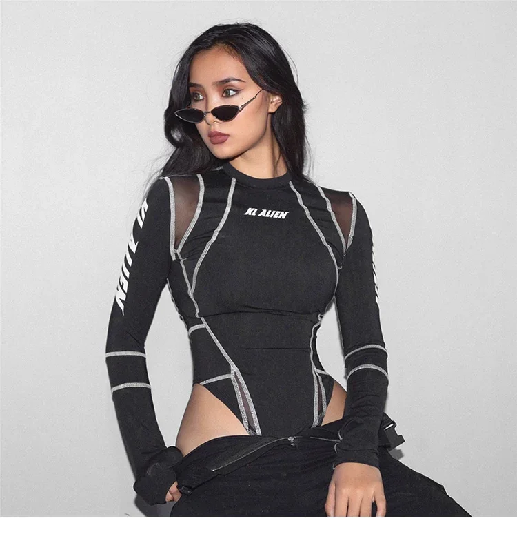 Women O Neck Bodysuits Mesh Patchwork Letter Print Jumpsuit Fashion Female Workout Street Casual Rompers Mujer