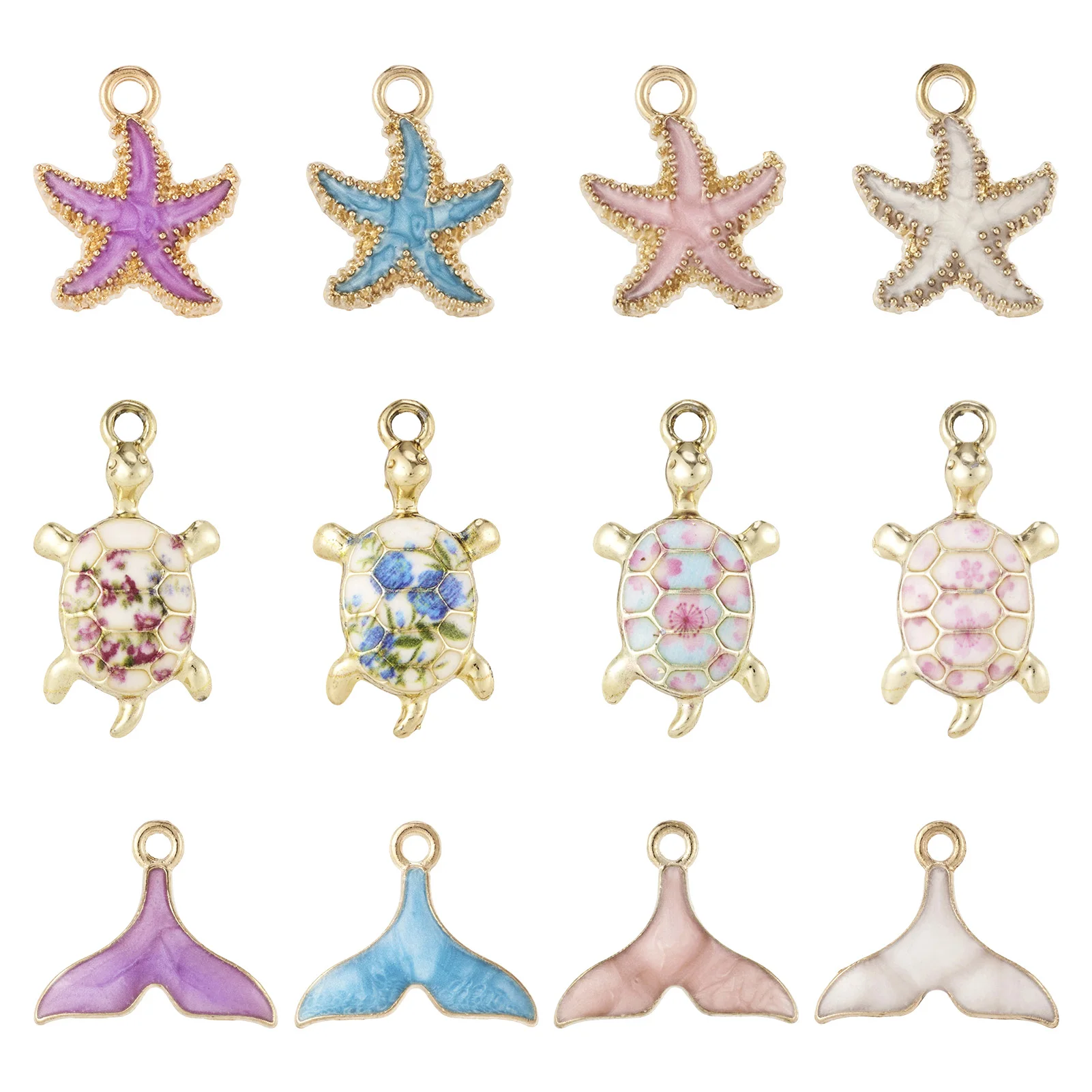 

24pcs Alloy Enamel Pendants Starfish Tortoise Whale Tail Charms for Diy Keychain Necklace Bracelet Jewelry Making Accessories