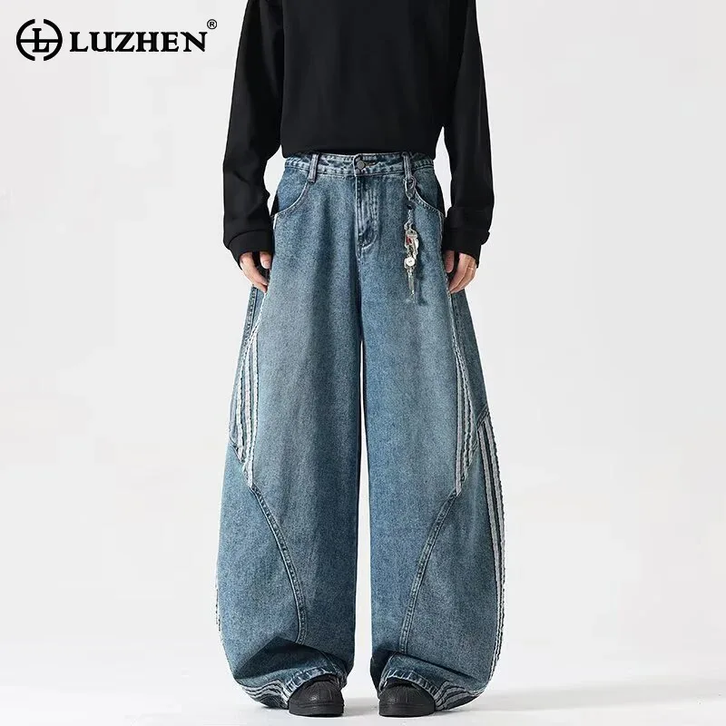 

LUZHEN Stripe Patchwork Design Baggy Wide Leg Male Jeans Fashion Streetwear 2025 Autumn High Quality Stylish Denim Pants JY4305