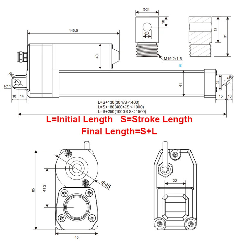 Linear Actuator 50mm~1000mm Telescopic Tubular Push Rod Low Noise with Micro Motor DC24V Electric Actuator Technic Actuator