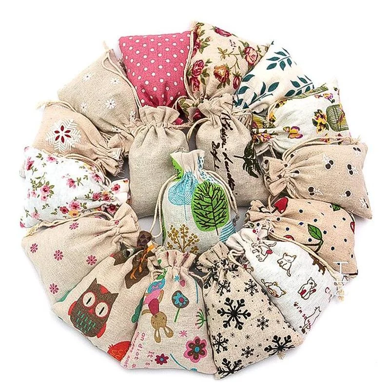 50 bolsas de regalo de arpillera de algodón con estampado de lino de 10x14cm, recuerdos de boda para fiesta, bolsa de embalaje de joyería con cordón para dulces y nueces, Baby Shower