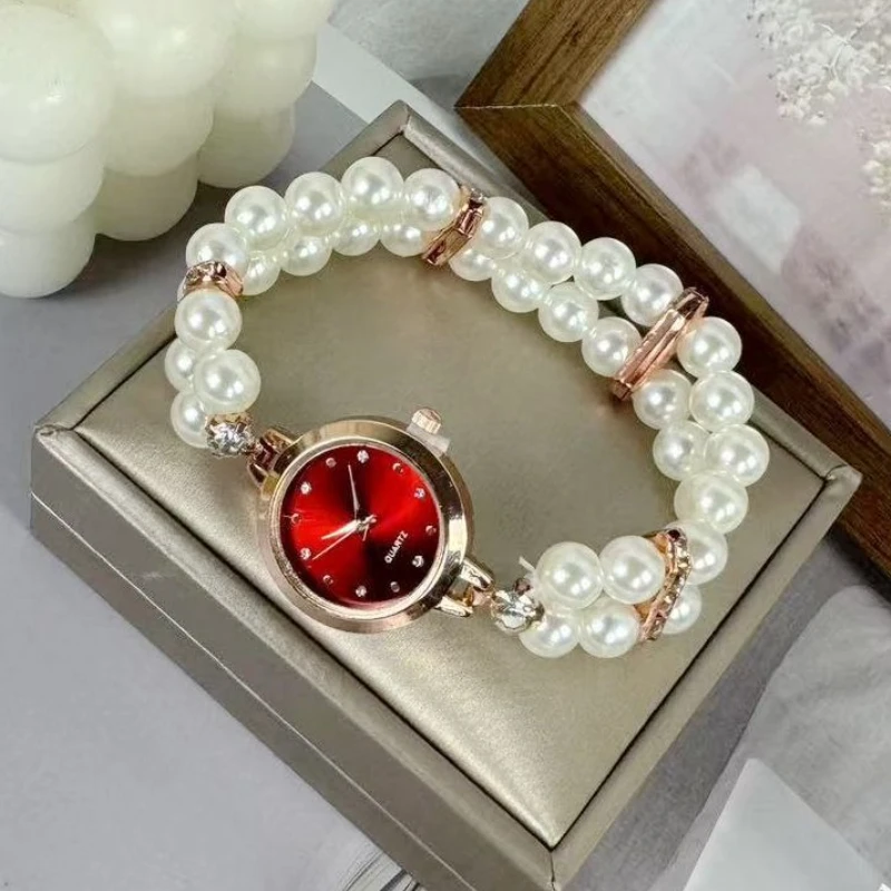 

Y2K элегантный жемчужный браслет, женские кварцевые часы, выдвижной эластичный браслет из веревки, женские часы, роскошные наручные часы с маленьким циферблатом, подарок