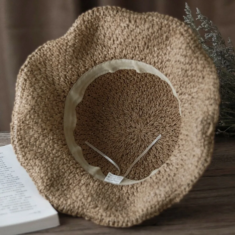 Vintage Breathable Braided Straw Hat Foldable UV Protection Beach Cap Wide Brim with Bow Round Top Hat Resort Wear