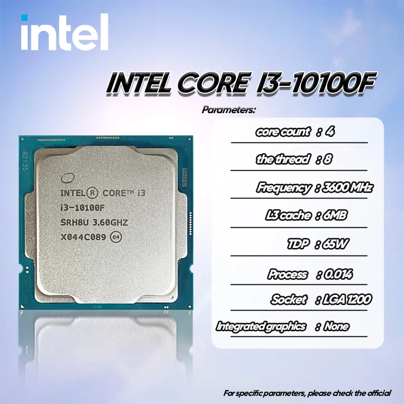 Intel Core i3-10100F NEW i3 10100F 3.6 GHz 4-core 8-thread CPU processor L2 = 1M L3 = 6m 65W LGA 1200 new but no fan