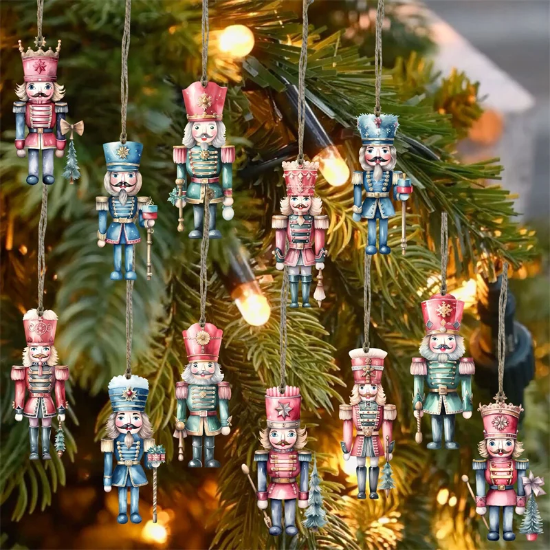 12 pezzi di schiaccianoci in legno soldato ciondolo in legno artigianale albero di Natale ornamento appeso decorazione natalizia per la casa regalo di Capodanno