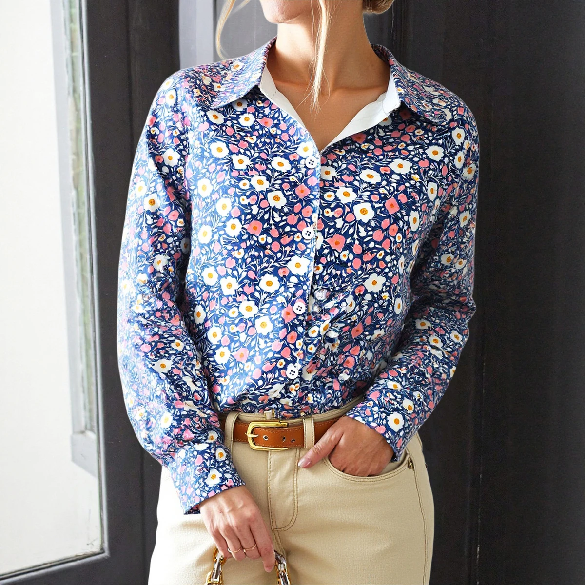 

Mia Muse Women's Autumn Shirts Fashion Classic Full Print Single Breasted Cuff Sleeve Shirt Collar Shirts