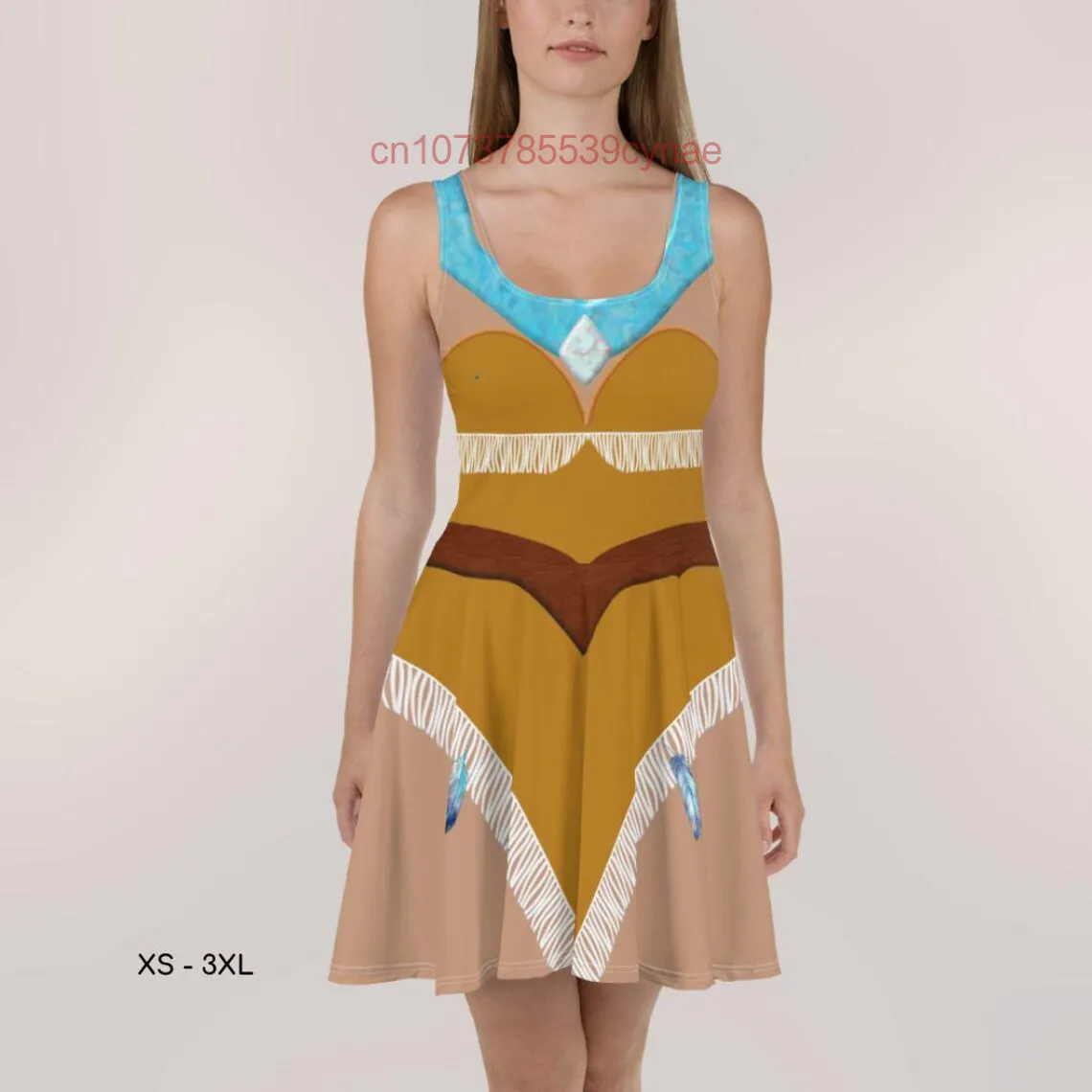 ใหม่ Pocahontas Princess Running เครื่องแต่งกาย Skater ชุดผู้หญิงรอบคอแฟชั่น Casual Beach Party Dress