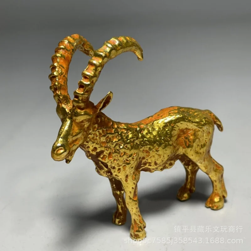 Antique Bronze Zodiac Sheep Figurine, Solid Gilt Long-Horned Goat Craft, Office Decoration Ornament