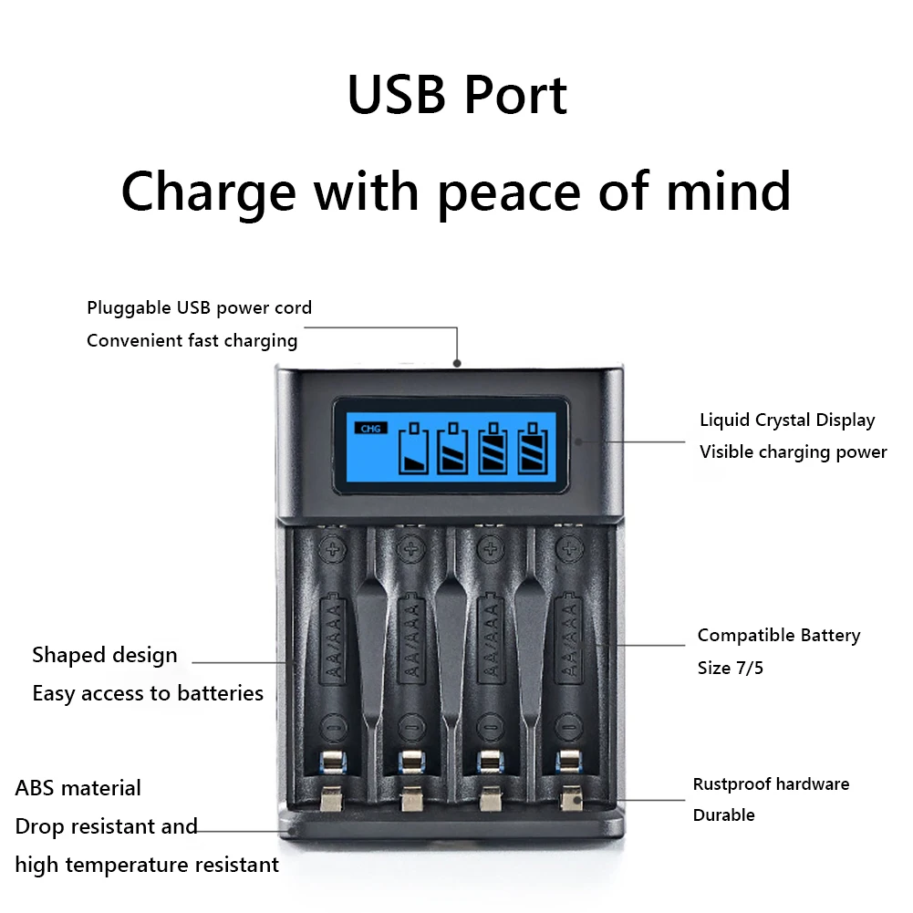 4 Slots LCD Display AA AAA Battery Charger Independent Slot Battery Charger USB Input for NI-MH /NI-CD 1.2V Rechargeable Battery