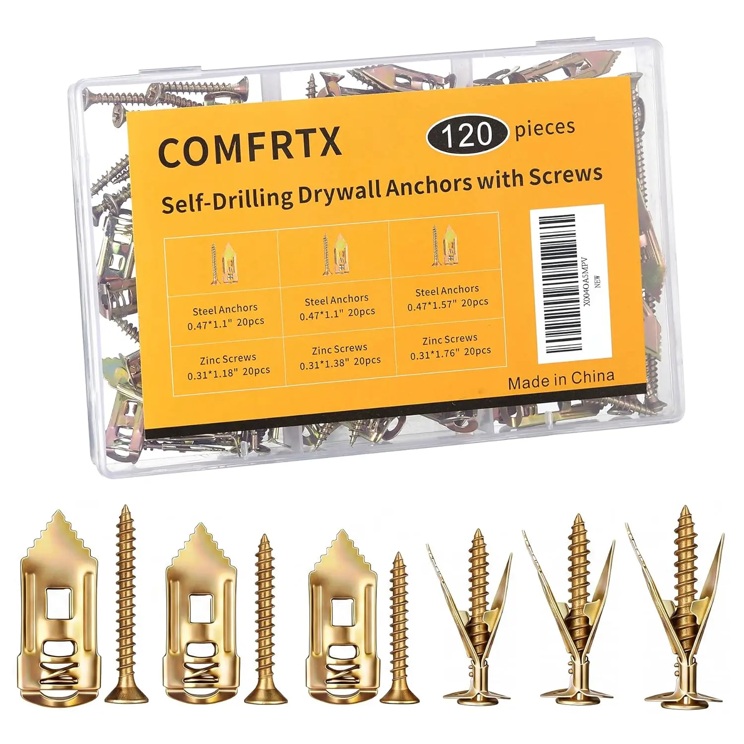 

120PCS Self Drilling Drywall Anchors Kit – 3 Sizes Heavy Duty Metal Expansion Bolts for Shelves, Mirrors, TVs