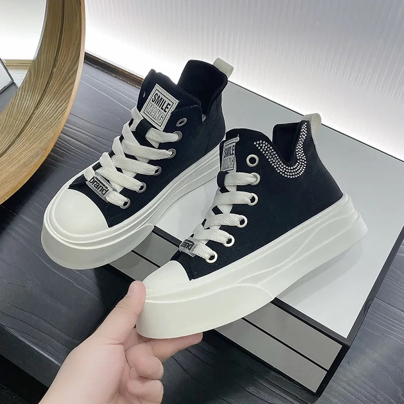 Autumn New Women's Sneakers Street Fashion Casual Trend Canvas Boots Solid Color Platform Sequins High Top Ladies Shoes Lace Up