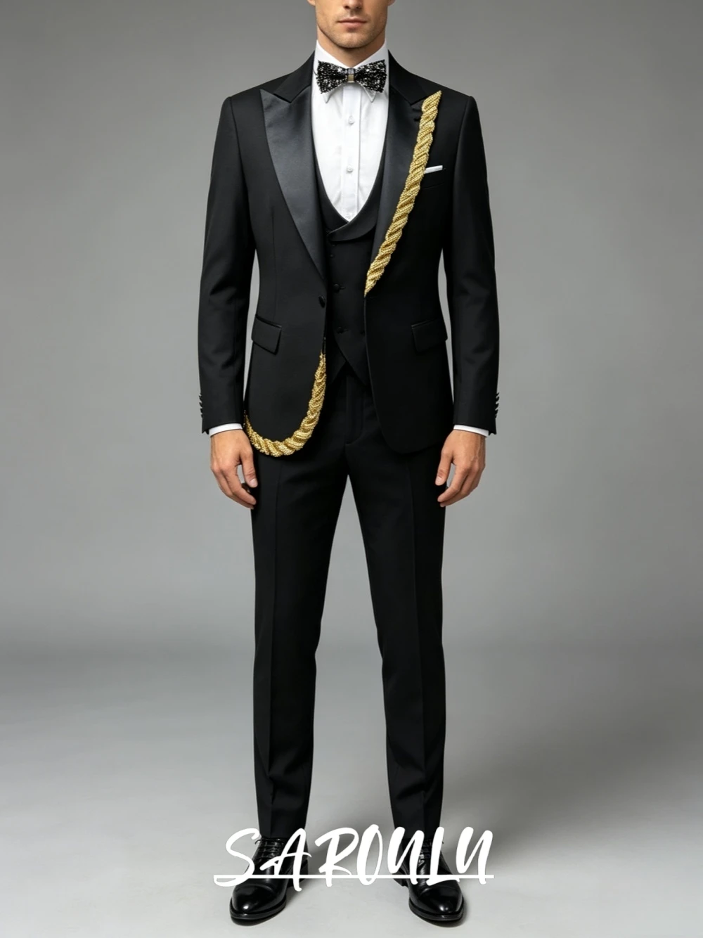Men Black 3 Piece Tuxedo Suit Luxury Gold Beaded Peak Lapel Jacket Vest Pants Set Groom Wedding Wear Costume Fast Shipping