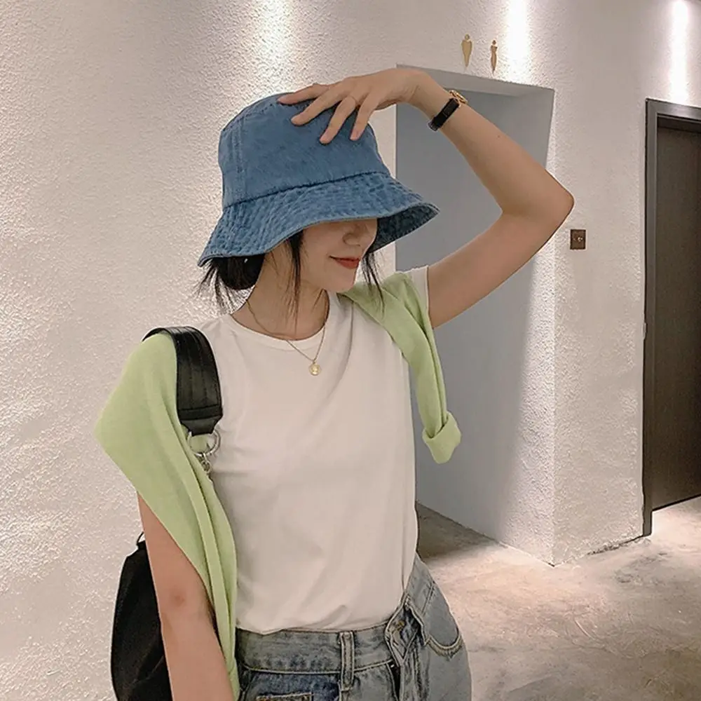 Unisex Cotton Bucket Hats Women Summer Sunscreen Panama Hat Men Denim Fabric Sunbonnet Outdoor Fisherman Hat Beach Cap