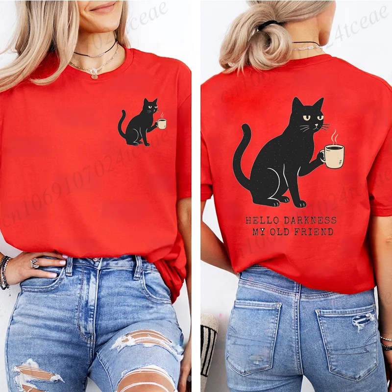 Loose Graphic Hello Darkness Funny Black Cat Print T-Shirt Short Sleeve Crew Neck Casual Top for Summer Halloween Women Clothing