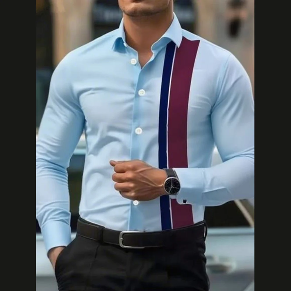 2025 Mens Splicing Striped Lapel Button Up Long Sleeve Smart Casual Comfortable Business Dress Office Single-breasted Shirt