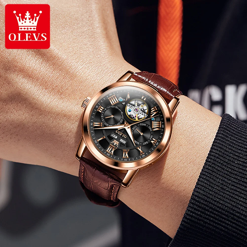 OLEVS New Mechanical Watch for Men Luxury Leather Waterproof Multifunction Year Month Week Date Automatic Tourbillon Watches Men